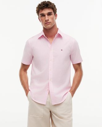 Tommy Hilfiger Mens Flex Short Sleeve Shirt in Pink Cotton - Size Medium