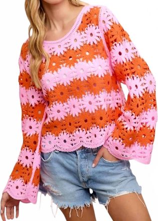 Bibi Flower Crochet Knit Top In Pink & Orange