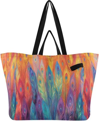 Generic Peacock Rainbow pattern Reusable Canvas Tote Bag, Heavy Duty Grocery Shopping Bag with Large Capacity Hard Bottom Double Handles Work Groceries Travel