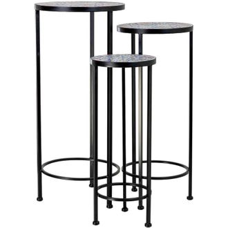 Wanderlust Deco Soporte Set 3 Pzas De Mosaico Y Forja Negro D30x68h-d25x57h-d20x51h Cm