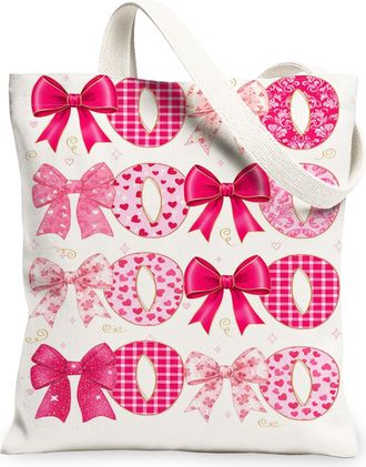 Generic ValentineS Day Peach Bow Canvas Tote Bags, Heart Pattern Reusable Grocery Bags, Lightweight Washable Stylish Shoulder Stra, Peach, 13x15 Inch