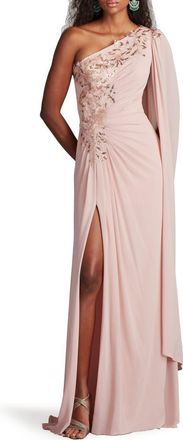 Tadashi Shoji Sequin Leaf Detail One-Shoulder Chiffon Gown in Adobe Blush at Nordstrom, Size 12