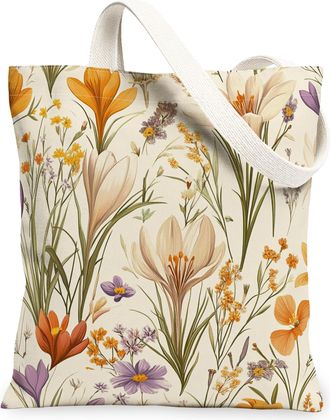 Generic Spring Saffron Crocus Flower Canvas Tote Bag for Shopping 13x15, Vintage Wildflower Florals Reusable Grocery Print Pattern Bag for Women, Aesthetic Be
