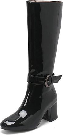 Generic Womens Square Toe Block Heel Shiny Metallic Knee High Riding Boots with Side Zipper and Buckle Strap Decor (Black,5.5)