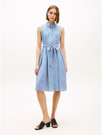 Tommy Hilfiger Womens Belted Gingham Seersucker Midi Dress - Blue - XXS