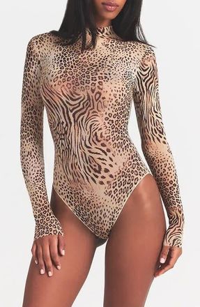 SKIMS Mock Neck Long Sleeve Bodysuit in Sand Multi Animal at Nordstrom, Size X-Small