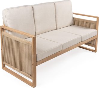 Jonathan Y Designs Gable 3-Seat Mid-Century Modern Roped Acacia Wood Outdoor Sofa with Cushions, Beige/Light Teak