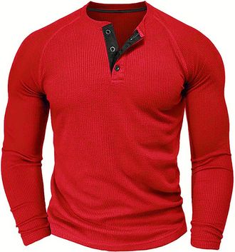 Generic Mens Long Sleeve Henley Shirt Waffle 3-Button Casual T-Shirts Loose Fit Plain Basic Tees Tops Crew Neck Pullover Blouse Spring Autumn Solid Color Long