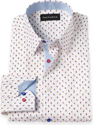 Paul Fredrick Cotton Point Collar Poplin Classic Contrast Trim Button Cuff Long Sleeve in White/blue at Nordstrom, Size 17 X 35