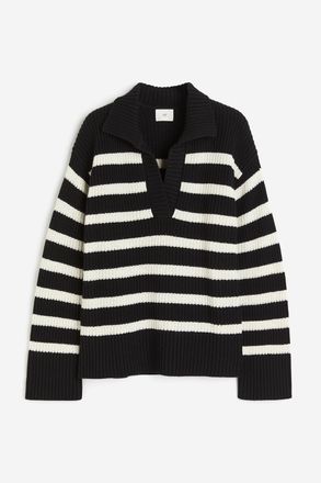 H&M Polopullover in Rippstrick - Schwarz/Weiss Gestreift