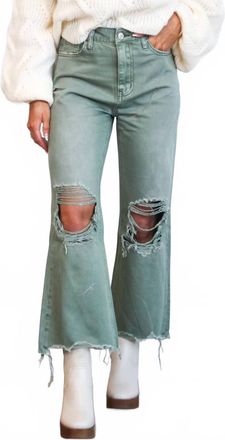 Flying Monkey Leslie Distressed High Waisted Crop Flare Jeans In Olive Green