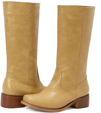 Generic Womens Closed Round Toe PU Leather Long Boots Chunky Heel Retro Boots Pull on Mid-Calf Boots,Yellow,9.5 UK