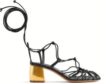 Forte_Forte Zwarte leren enkelband sandalen met gouden hak - Dames - Sandalen met hakken - Zwart - 38 EU - Leer - Schoenen