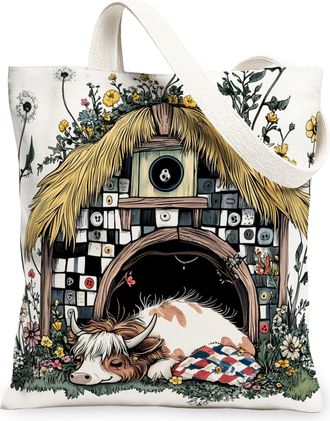 Generic Spring Highland Cow Canvas Tote Bag for Shopping 13x15, Fun Flower Animal House Reusable Grocery Print Pattern Bag for Women, Cute Wildflower Beach Ae