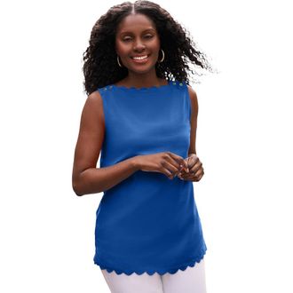 Jessica London Sleeveless Scallop Boatneck Tee in Dark Sapphire at Nordstrom, Size Medium