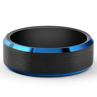 Pompeii3 Mens Brushed Black Tungsten Ring Blue Polished Beveled Edge 8mm Wedding Band