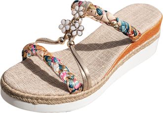 Generic Womens Espadrille Wedge Slides Bohemia Summer Vintage Beach With Flower Glitzy Jewels Outdoor Walking Slides Casual Summer Shoes
