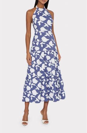 Milly Hayden Floral Embroidered Halter Midi Dress in Blue/White at Nordstrom, Size 10