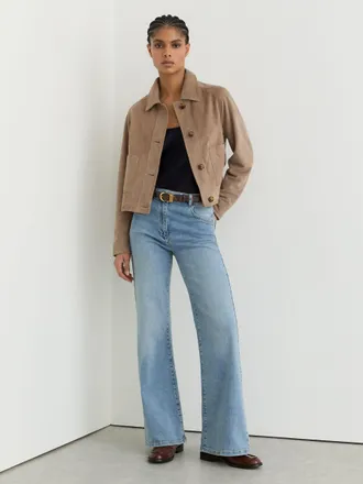 Reiss Neutral Petite Suede Cropped Trucker Jacket, 10
