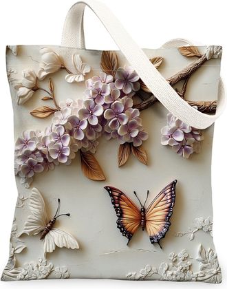 Generic Spring Relief Lilac Flower Canvas Tote Bag for Shopping 13x15, Fun Floral Reusable Grocery Print Bag for Women, Cool Butterflies Beach Aesthetic Paint