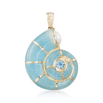 Ross-Simons Milky Aquamarine and. Blue Topaz Snail Shell Pendant With Cultured Pearl in 14kt Yellow Gold