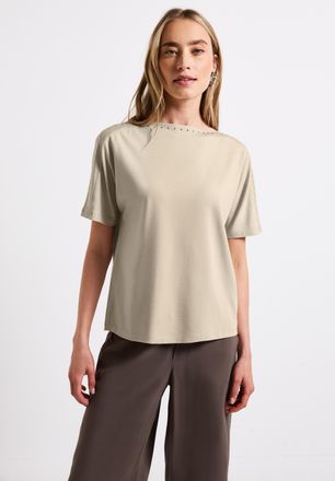 Street One T-Shirt STREET ONE, Damen, Gr. 34, beige (coastal beige), Jersey, Obermaterial: 95% Viskose, 5% Elasthan, unifarben, regular fit taillenbedeckt, U-Boo