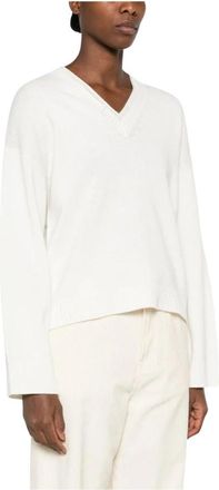 Fabiana Filippi Trui met V-hals van Kasjmiermix met Versierde Rand - Dames - Cashmere truien - Wit - M - Kasjmier - Truien & Vesten