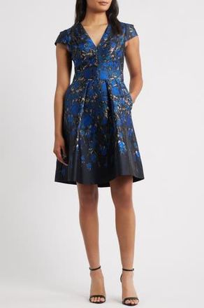 Vince Camuto Metallic Floral Jacquard Fit & Flare Dress in Sapphire at Nordstrom Rack, Size 10