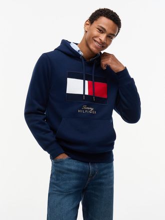 Tommy Hilfiger Mens Embroidered Flag Logo Fleece Hoodie - Carbon Navy - XXL
