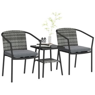 OUTSUNNY 3 PCS Rattan Bistro Set with Cushions Glass Top Coffee Table and Chairs | TJ Hughes