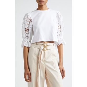 Cinq &agrave; Sept Mixed Media Puff Sleeve T-Shirt in White at Nordstrom Rack, Size X-Large