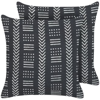 Beliani Conjunto De 2 Cojines De Algod&oacute;n Negro Blanco Crema 45 X 45 Cm Geom&eacute;trico Benzoin
