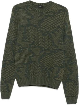 Etro Jacquard Gebreide Trui met Ronde Hals - Heren - Ronde hals truien - Groen - M - Katoen - Truien & Vesten