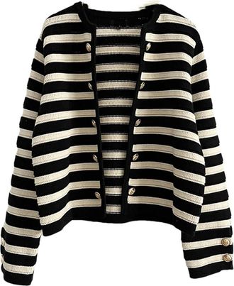 Generic Women Spring Autumn Striped Knitted Sweater Slim Simple Casual Versatile Cardigans Coat Striped M