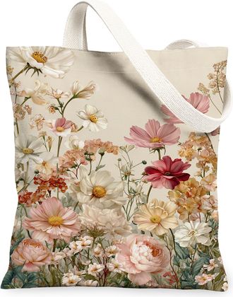 Generic Floral Canvas Tote Bags, Elegant Flower Pattern Reusable Grocery Bags, Vintage Lightweight Washable Shoulder Strap Canvas F, Peach, 13x15 Inch
