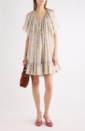 Chlo&eacute; Painted Flowers Gathered Silk Charmeuse Dress in Multicolor Purple 1 at Nordstrom, Size 10 Us