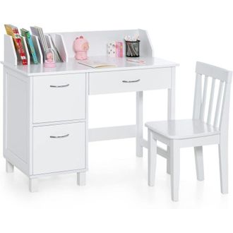 Costway Costway Juego De Escritorio Y Silla Para Ni&ntilde;os, Mesa Educativa Infantil, Caj&oacute;n Y Armarios, Escritorio Para Dormitorio Y Sala De Estudio (blanco)