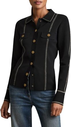 Reiss Eden Compact Knit Topstiched Press Stud Top in Black at Nordstrom Rack, Size X-Small