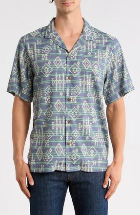Lucky Brand Geometric Stripe Linen Blend Camp Shirt in Green Bay at Nordstrom Rack, Size Xx-Large