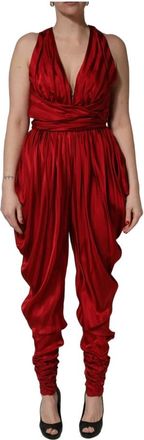 Dolce & Gabbana Plunging Halterneck Draped Jumpsuit Dress - Dames - Jumpsuits - Rood - S - Jumpsuits & Playsuits