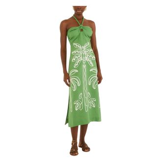 Farm Rio Abito Midi con Scollo allAmericana e Ricami di Palme - - Dresses - Donna - Verde - M