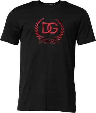 Dolce & Gabbana Black Cotton Embroidered Crew Neck Mens T-shirt (Pre-Owned)