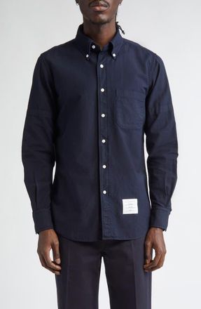 Thom Browne Armband Straight Fit Cotton Poplin Button-Down Shirt in Navy at Nordstrom, Size 2