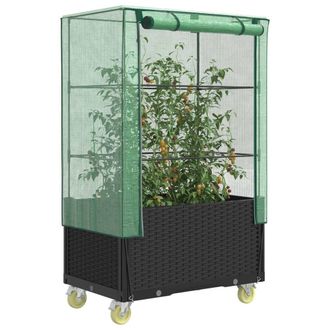 Berkfield Home Raised Bed with Cover & Wheels&not;Rattan Look&not;80x50x182 cm in Black | Size: 80 x 50 x 182 cm