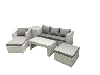 Fimous Outdoor Rattan Garden Furniture Set w/ Grey Cushions Luxury 6 Seater w/ 2 Big Footstools & Coffee Table, Side Table For Conservatory, Patio
