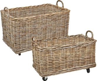 Beliani Beliani - Conjunto De 2 Cestas De Rat&aacute;n Marco De Ruedas De Goma De Pl&aacute;stico Asas Hecho A Mano Estilo Boho Natural Kitim