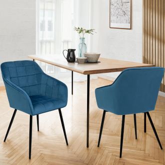 IDMarket Idmarket - Lote De 2 Sillas De Comedor Mady De Terciopelo Azul Pato Con Reposabrazos