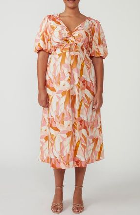 Estelle Aura Cascade Puff Sleeve Cotton Midi Dress in Print at Nordstrom, Size 22W