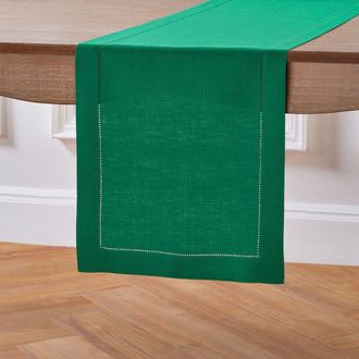 Solino Home Linen Table Runner for Dining Table, Holiday and Everyday Table Decor - Classic Hemstitch in Emerald at Nordstrom, Size X-Small