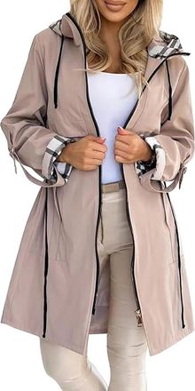 Generic Womens Lightweight Hooded Jacket Elegant Loose Fit Plaid Lined Windbreaker Autumn Winter Long Sleeve Casual Outdoor Sports Coat with Pockets